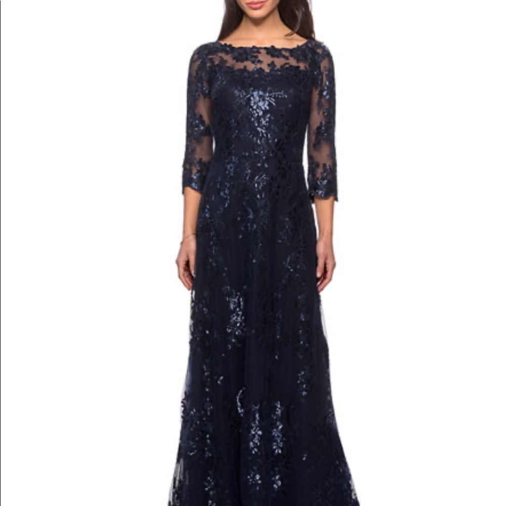 La Femme Metallic Lace Mesh-Top Gown